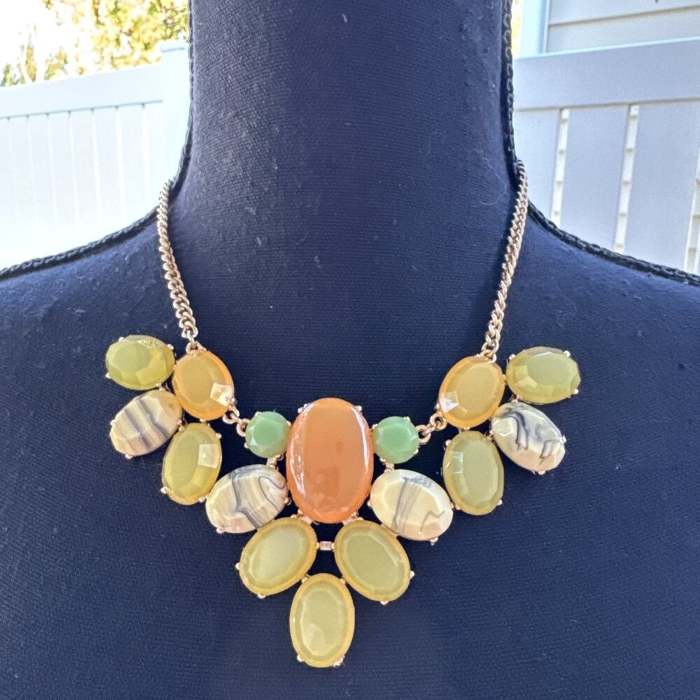Green Orange Gold Beaded Bib Faux Stone Chain Statement Necklace NEW